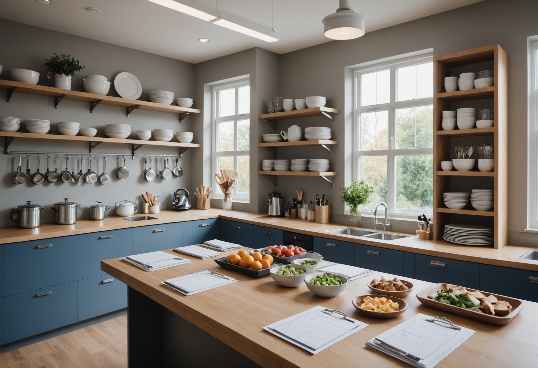 A modern catering business kitchen office with organized equipment and event planning materials