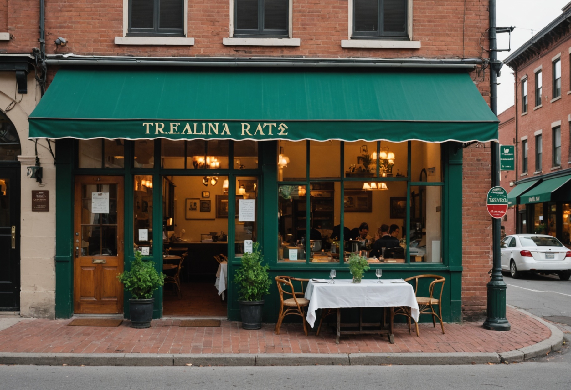 Restaurant storefront with welcoming entrance and lit windows showing dining area