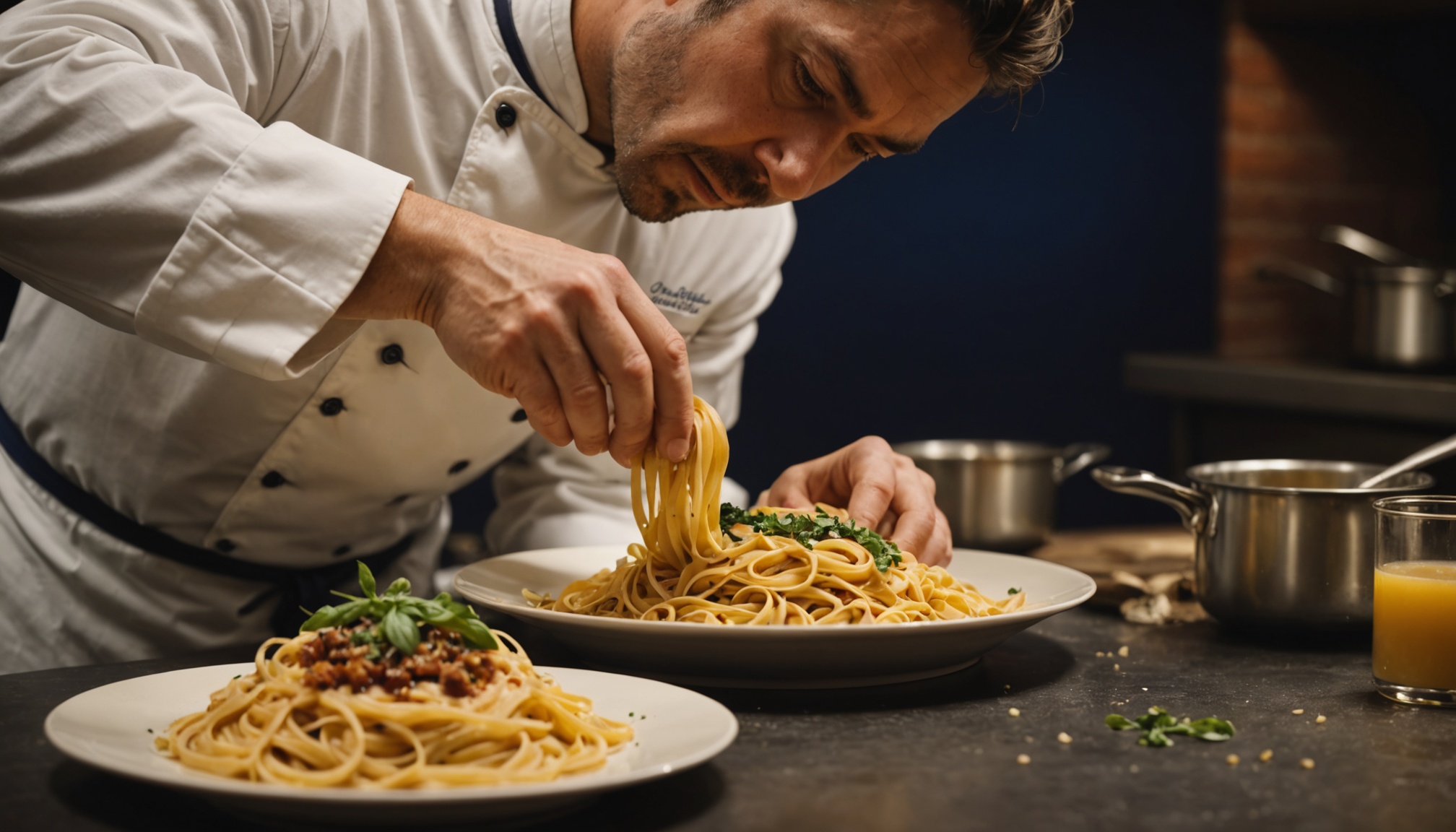 Chef's hands plating fresh Italian handmade pasta with sauce