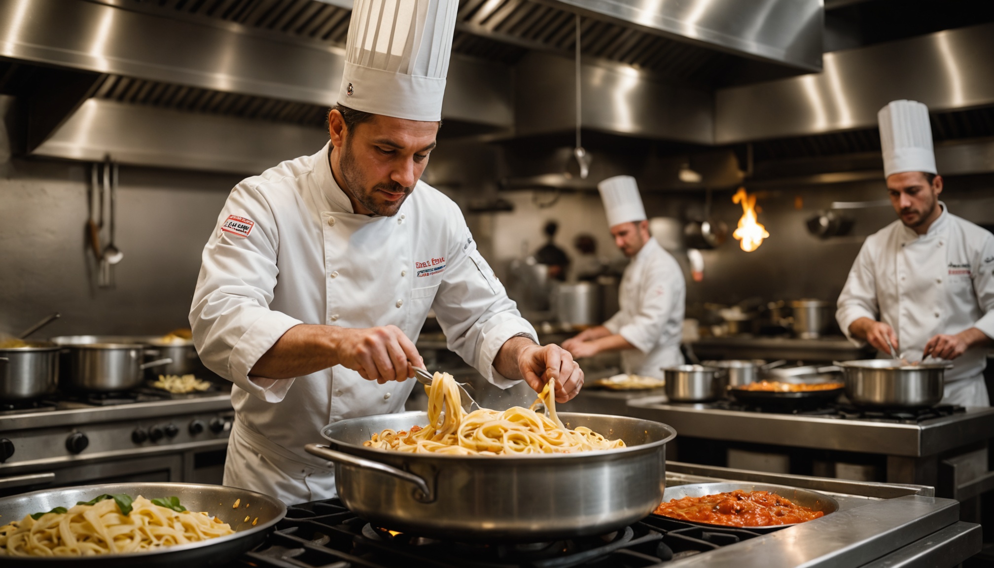 chef tossing fresh pasta in a pan with sauce and herbs