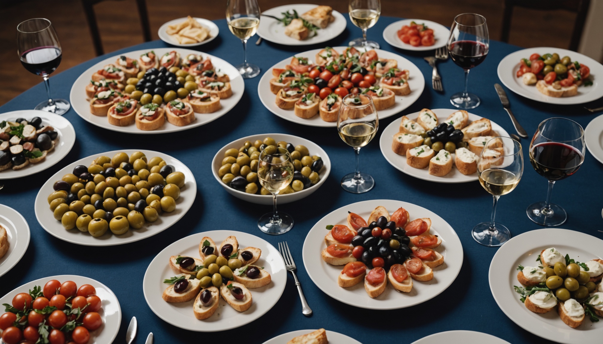 Professional catering event table with Italian appetizers and place settings