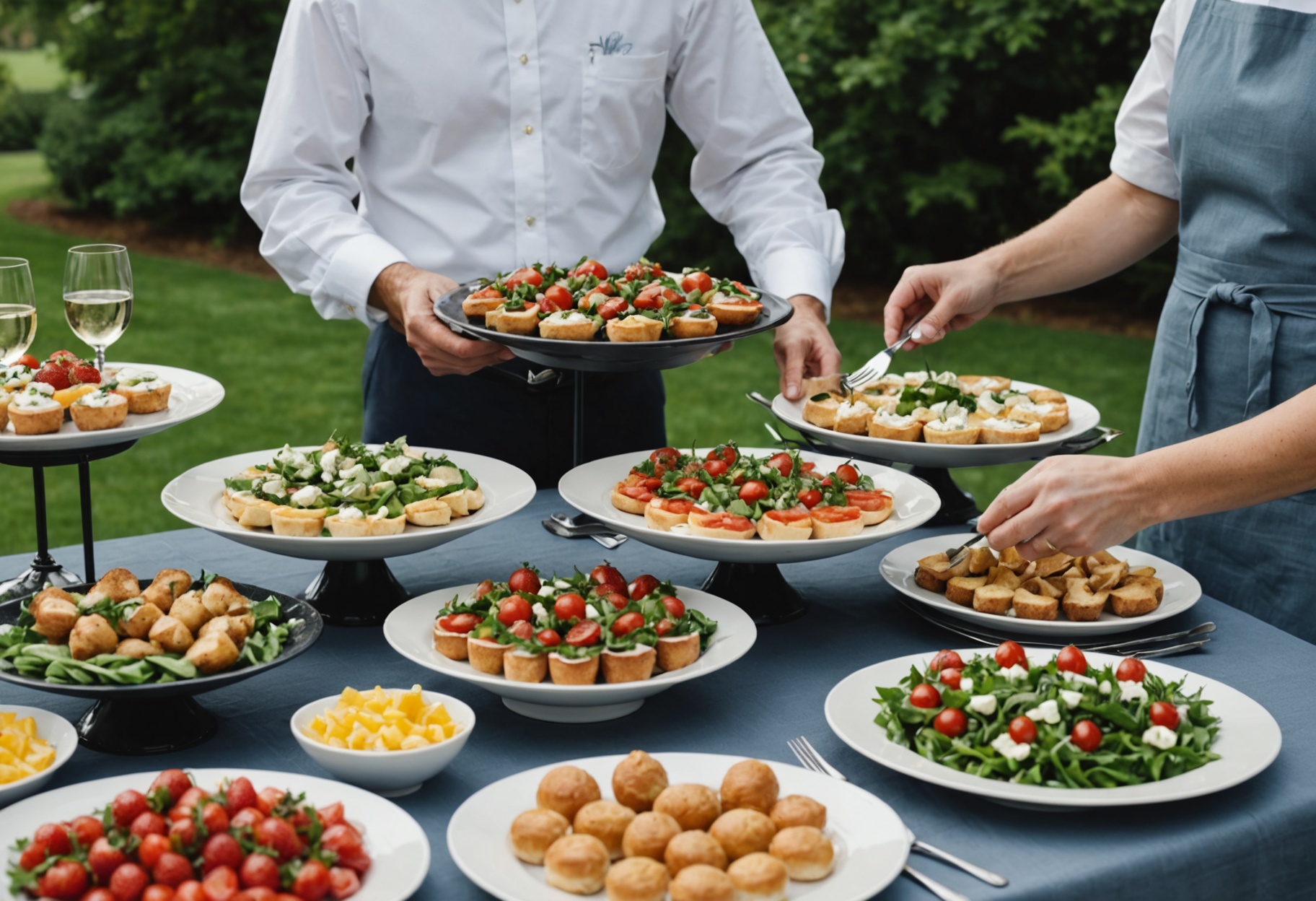 Catering team setting up outdoor buffet with appetizers and white linens