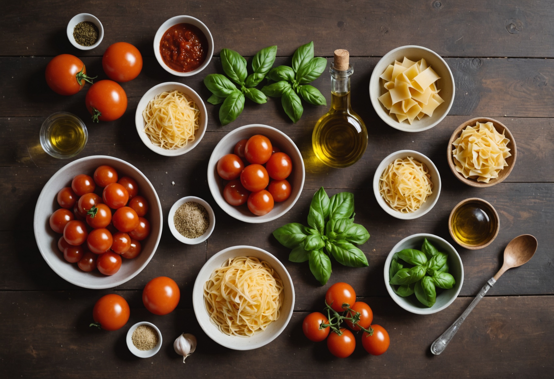 Italian cooking ingredients expertly arranged overhead including pasta, herbs, cheese, and olive oil