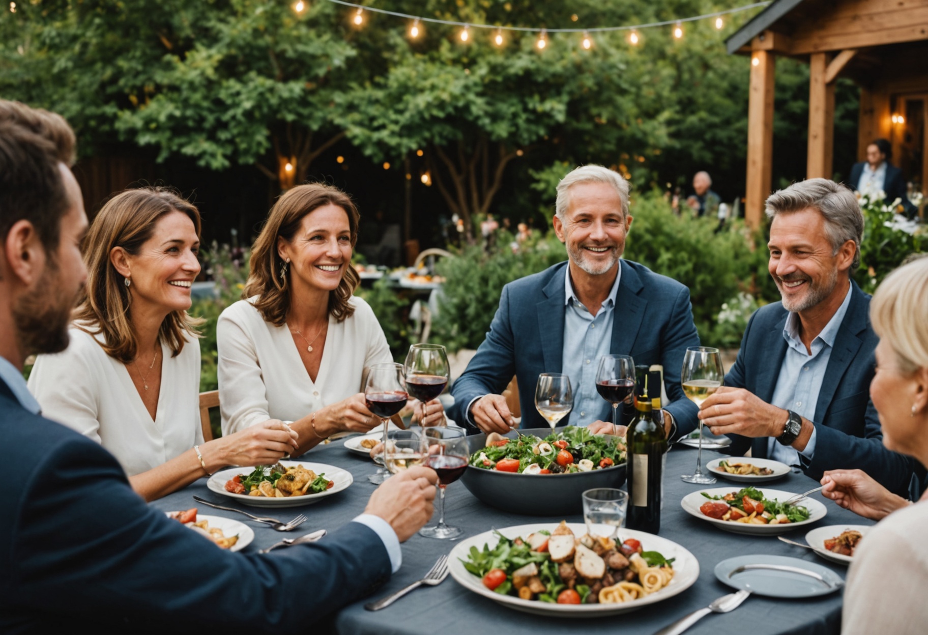 Guests enjoying an Italian catered dinner together at an outdoor backyard event